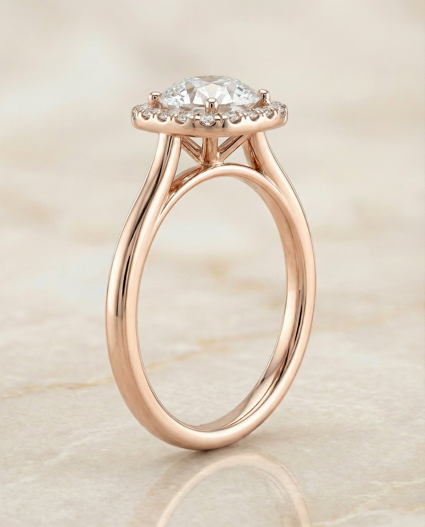 Carnie Select Classic Prong Diamond Halo Round Lab Diamond Engagement Ring in 14K Rose Gold, side view | RockHer