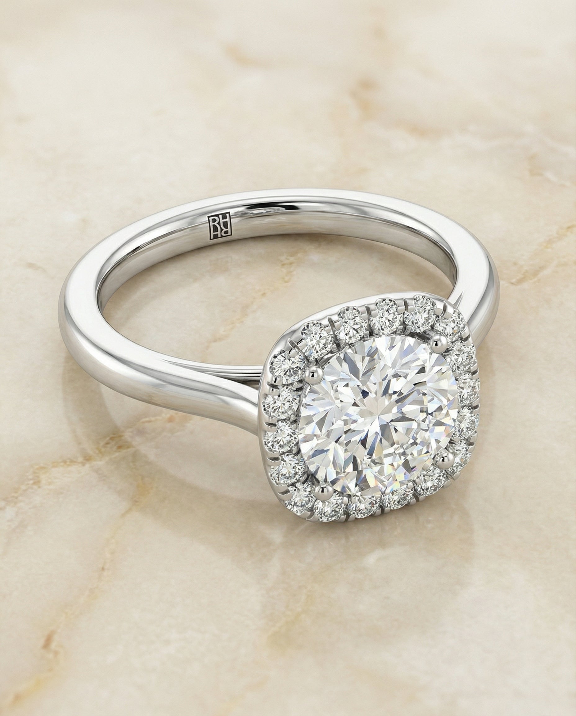 Carnie Select Classic Prong Diamond Halo Round Lab Diamond Engagement Ring in Platinum, alternate angle | RockHer