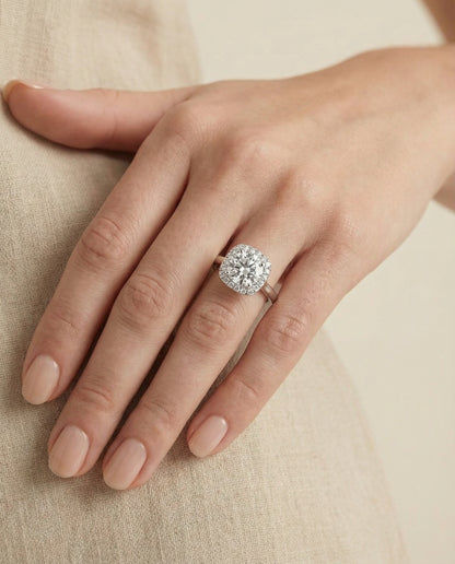 Round Brilliant, Classic Prong Diamond Halo, in Platinum, pave setting – lifestyle shot | RockHer