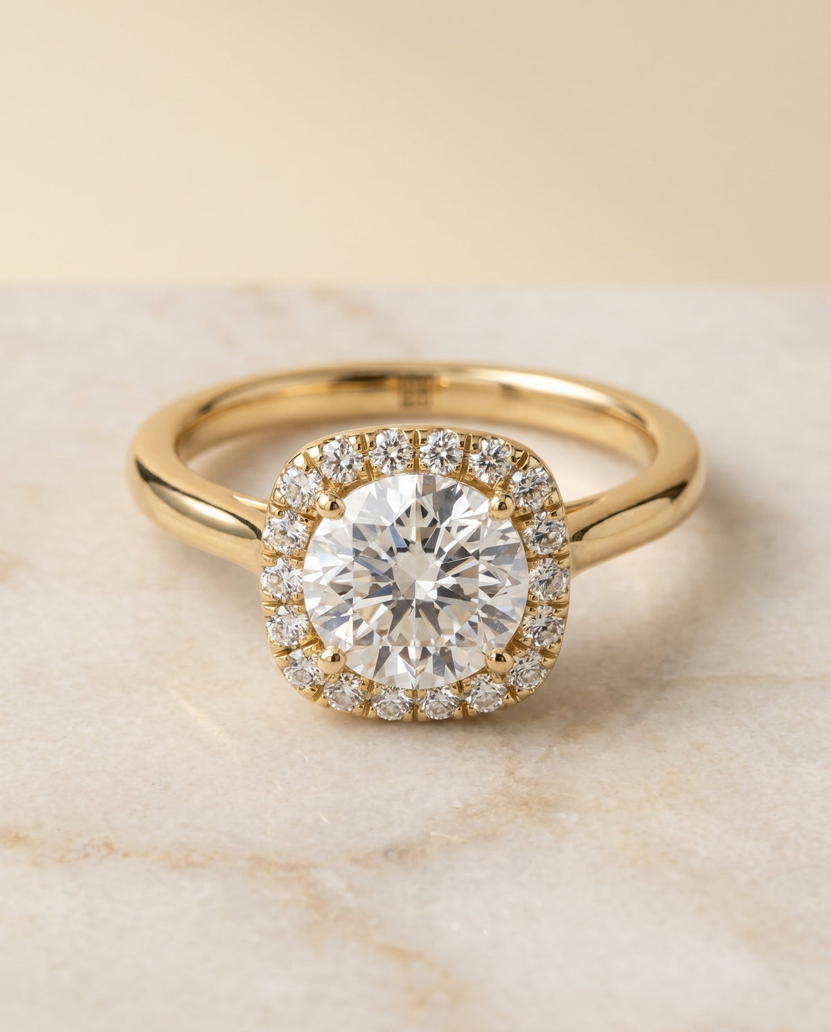 Carnie Select Classic Prong Diamond Halo Round Lab Diamond Engagement Ring in 18K Yellow Gold, alternate angle | RockHer