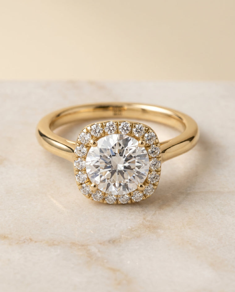 The Carnie Select Classic Prong Diamond Halo Round Lab Diamond Engagement Ring in 18K Yellow Gold