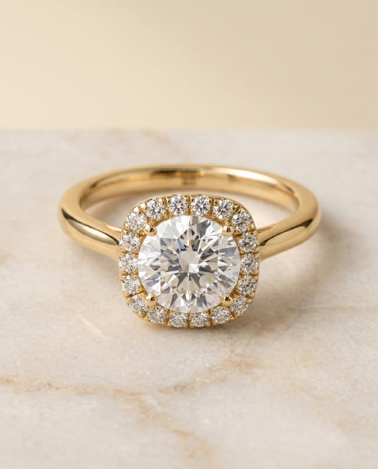 Round Brilliant, Classic Prong Diamond Halo, in 18K Yellow Gold, pave setting – angled view | RockHer