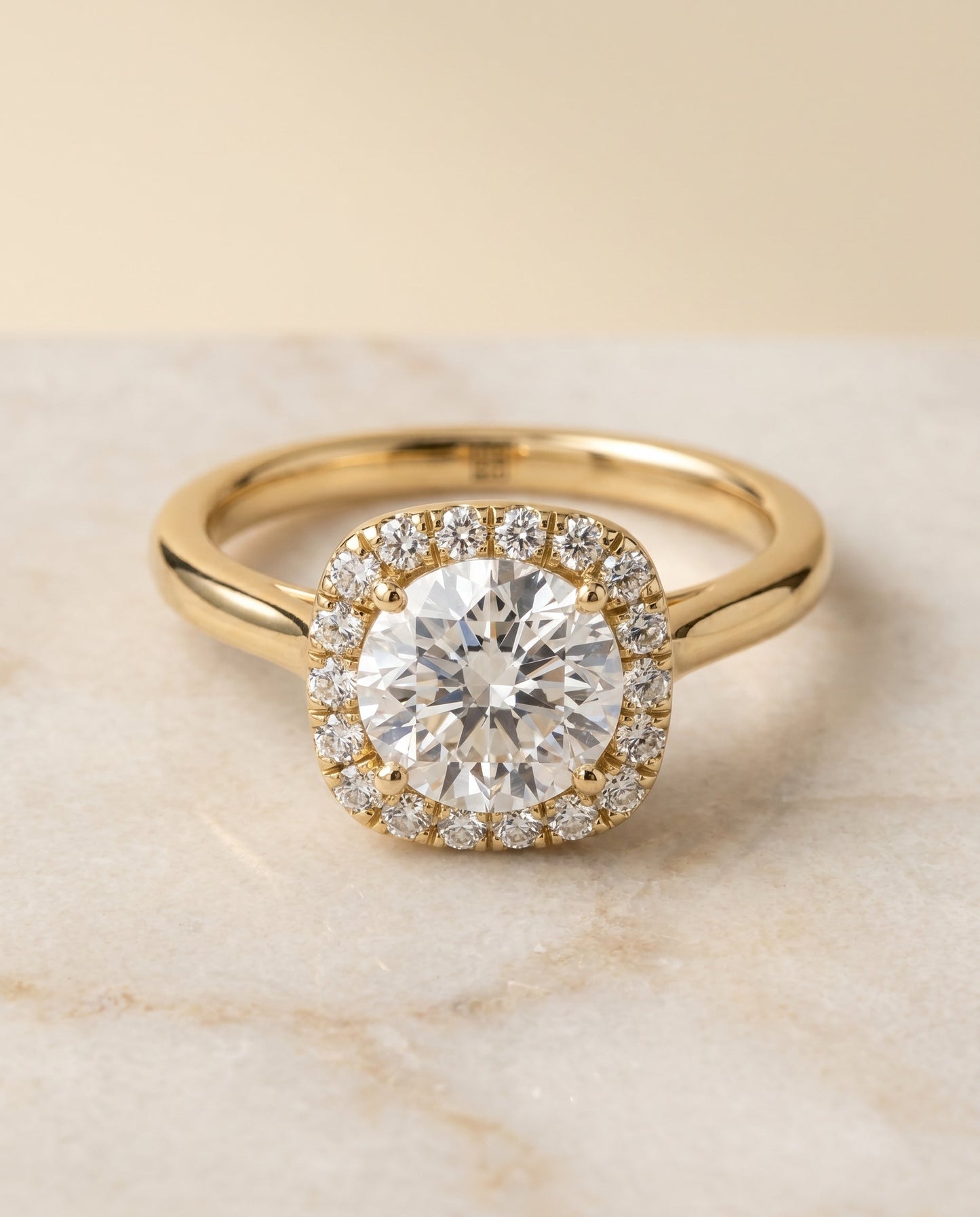 Carnie classic prong diamond halo engagement ring in 18K yellow gold with round lab diamond — RockHer