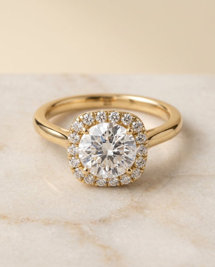 Carnie classic prong diamond halo engagement ring in 18K yellow gold with round lab diamond — RockHer