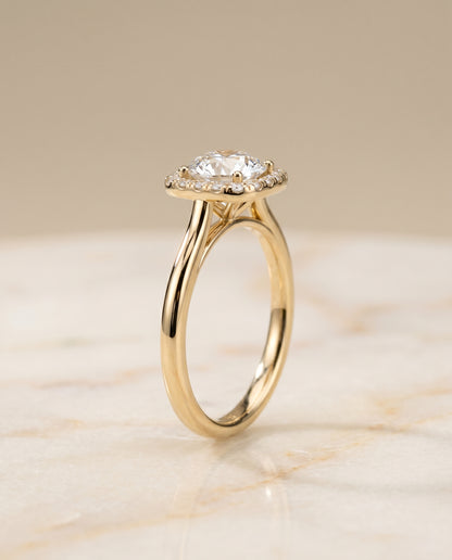 Round Brilliant, Classic Prong Diamond Halo, in 18K Yellow Gold, pave setting – front view | RockHer
