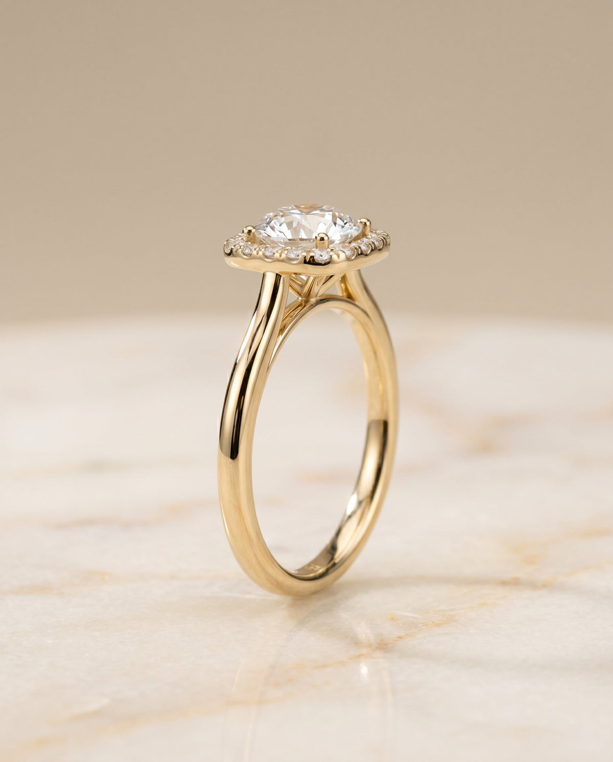 Carnie Select Classic Prong Diamond Halo Round Lab Diamond Engagement Ring in 18K Yellow Gold, front view | RockHer
