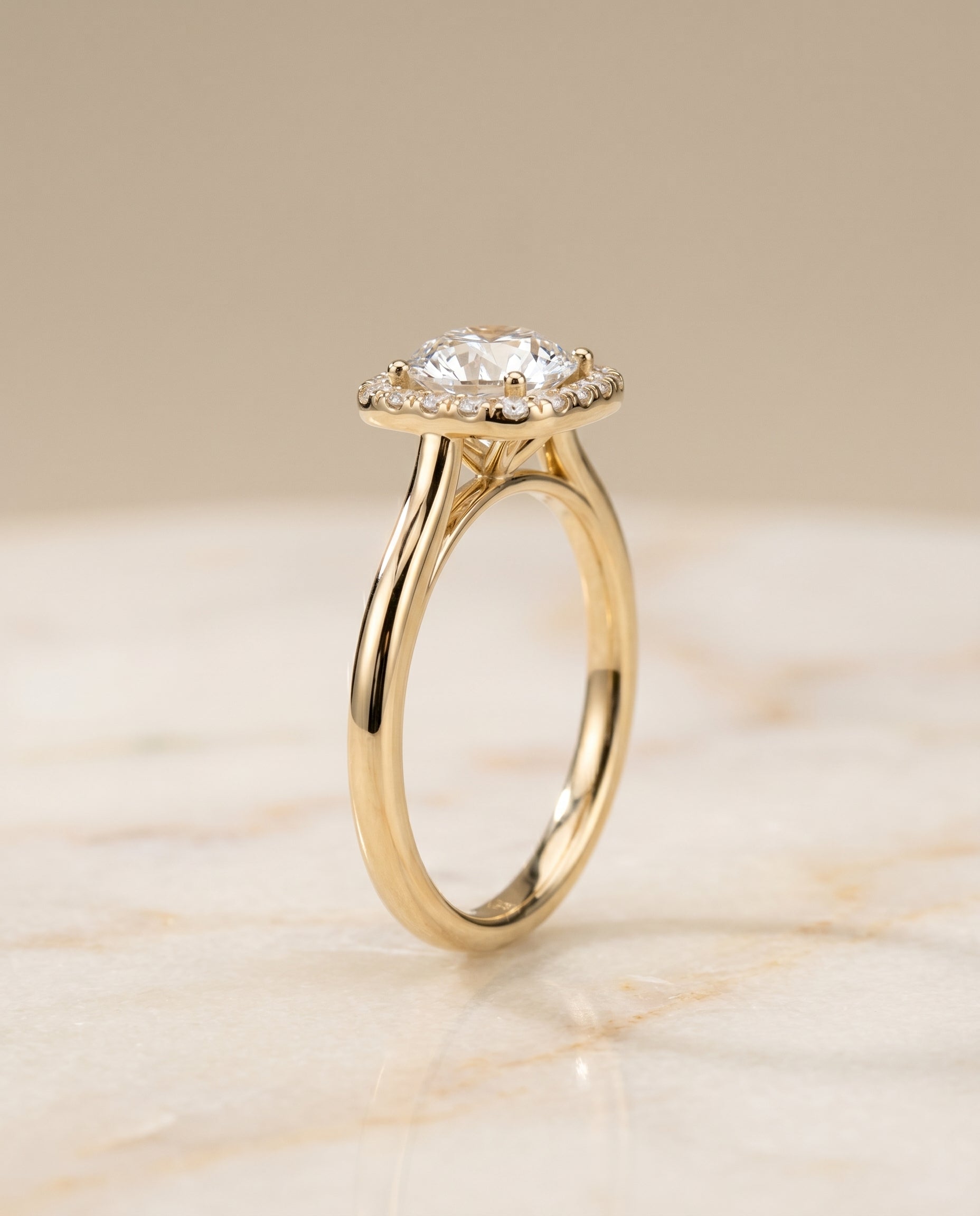 Carnie classic prong diamond halo engagement ring in 18K yellow gold with round lab diamond — RockHer