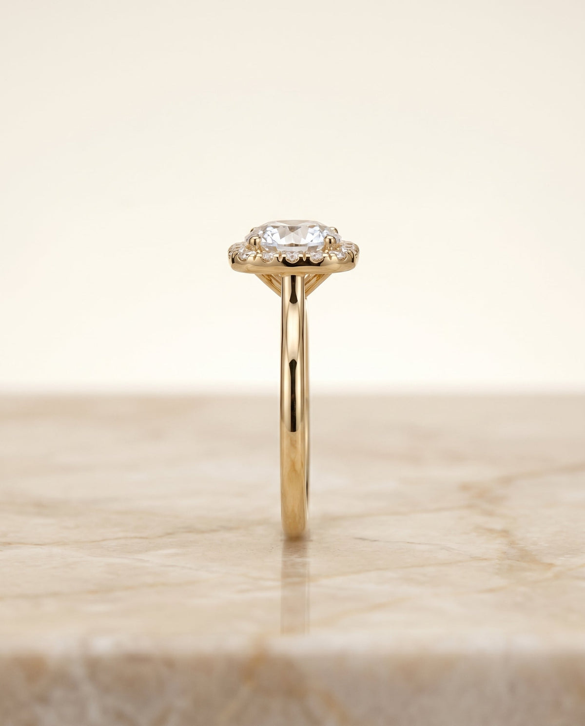 Carnie Select Classic Prong Diamond Halo Round Lab Diamond Engagement Ring in 18K Yellow Gold, side view | RockHer