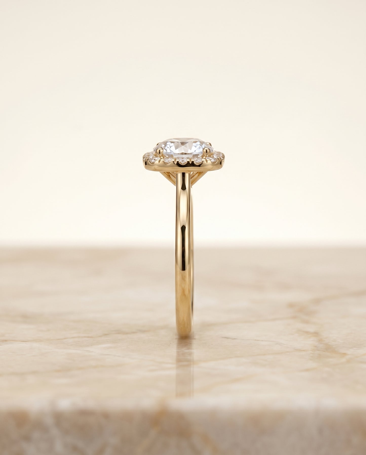 Round Brilliant, Classic Prong Diamond Halo, in 18K Yellow Gold, pave setting – side profile | RockHer