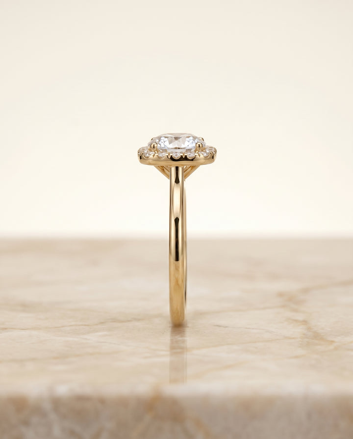 Round Brilliant, Classic Prong Diamond Halo, in 18K Yellow Gold, pave setting – side profile | RockHer