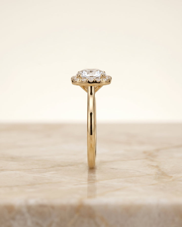 Carnie classic prong diamond halo engagement ring in 18K yellow gold with round lab diamond — RockHer