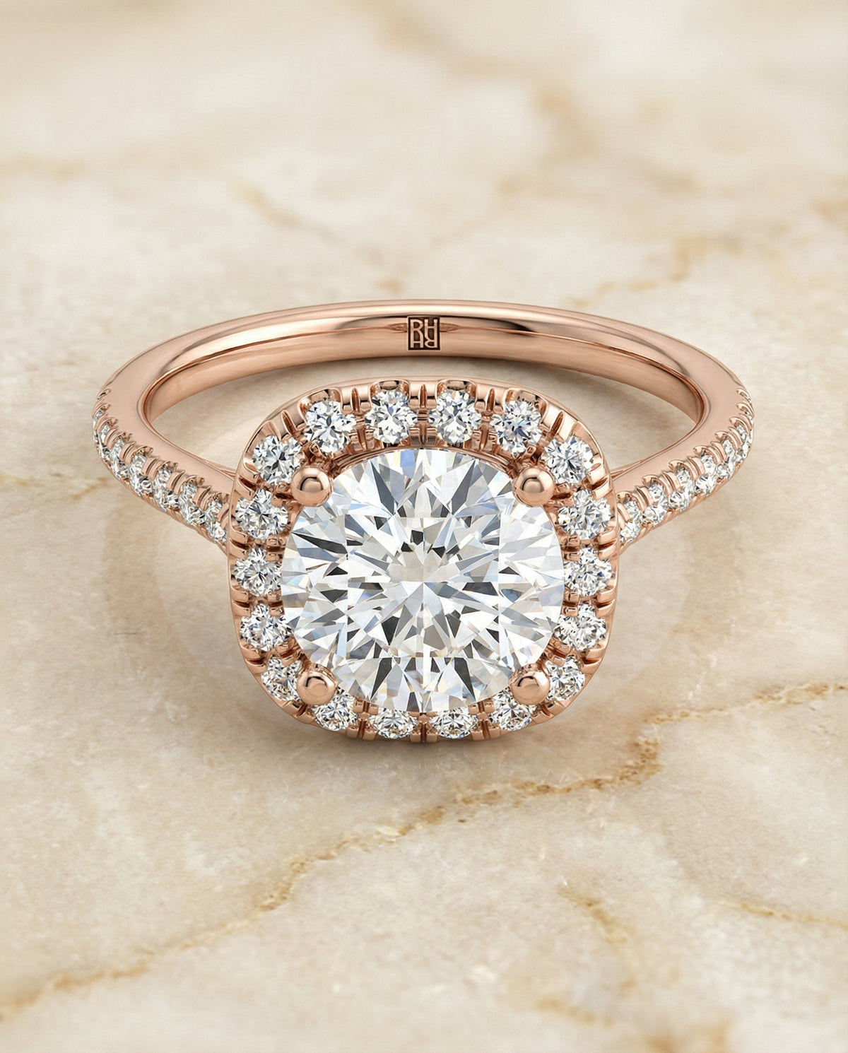 Bianca Select Classic Prong Halo Round Lab Diamond Engagement Ring in 14K Rose Gold, alternate angle | RockHer