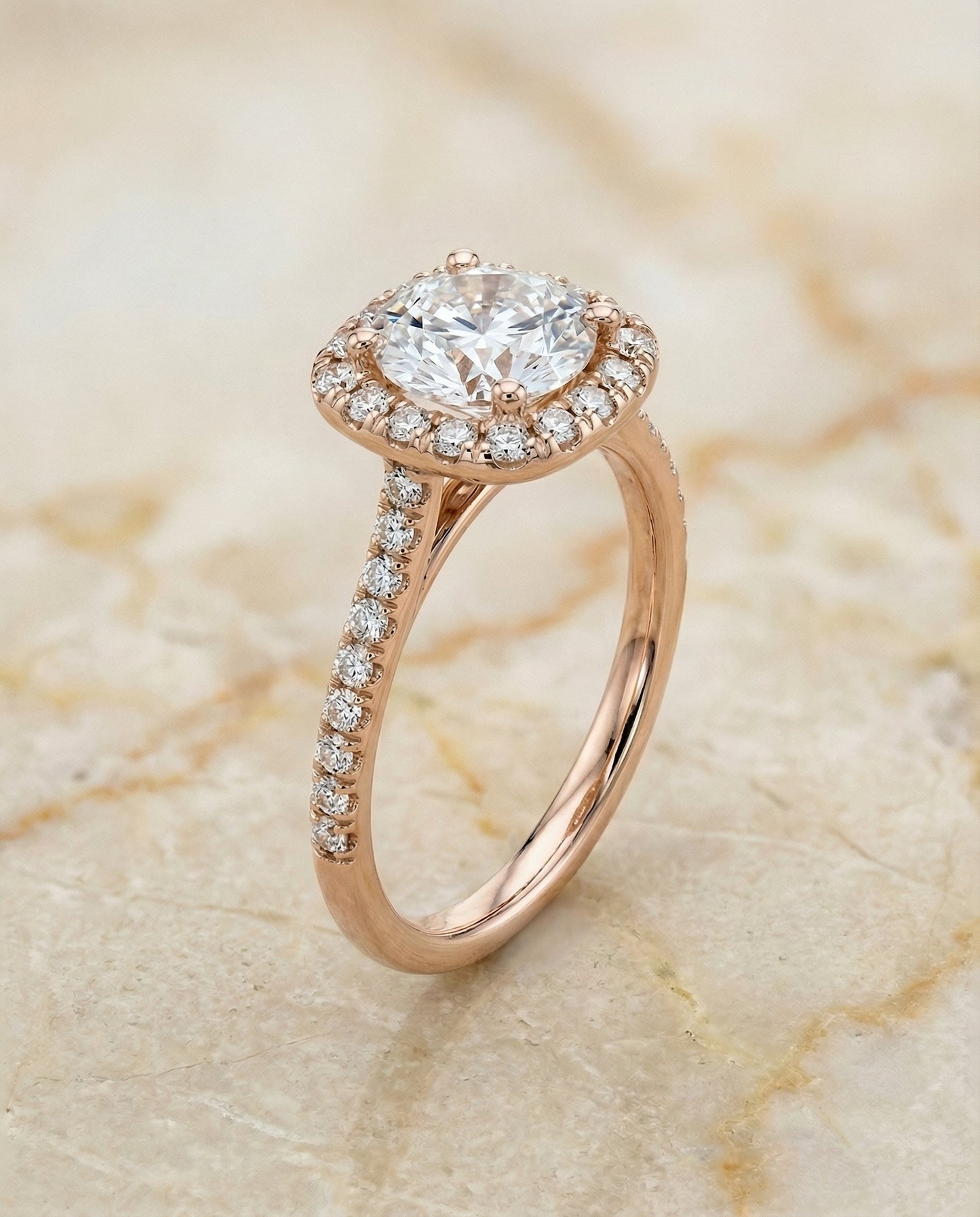 Bianca Select classic prong halo round ring in 14K Rose Gold — front — RockHer