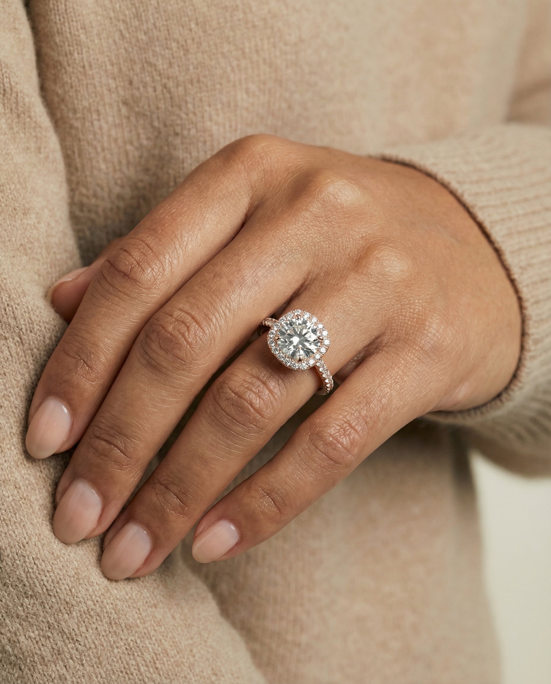 The Bianca engagement ring setting in 14K Rose Gold, classic prong halo design | RockHer