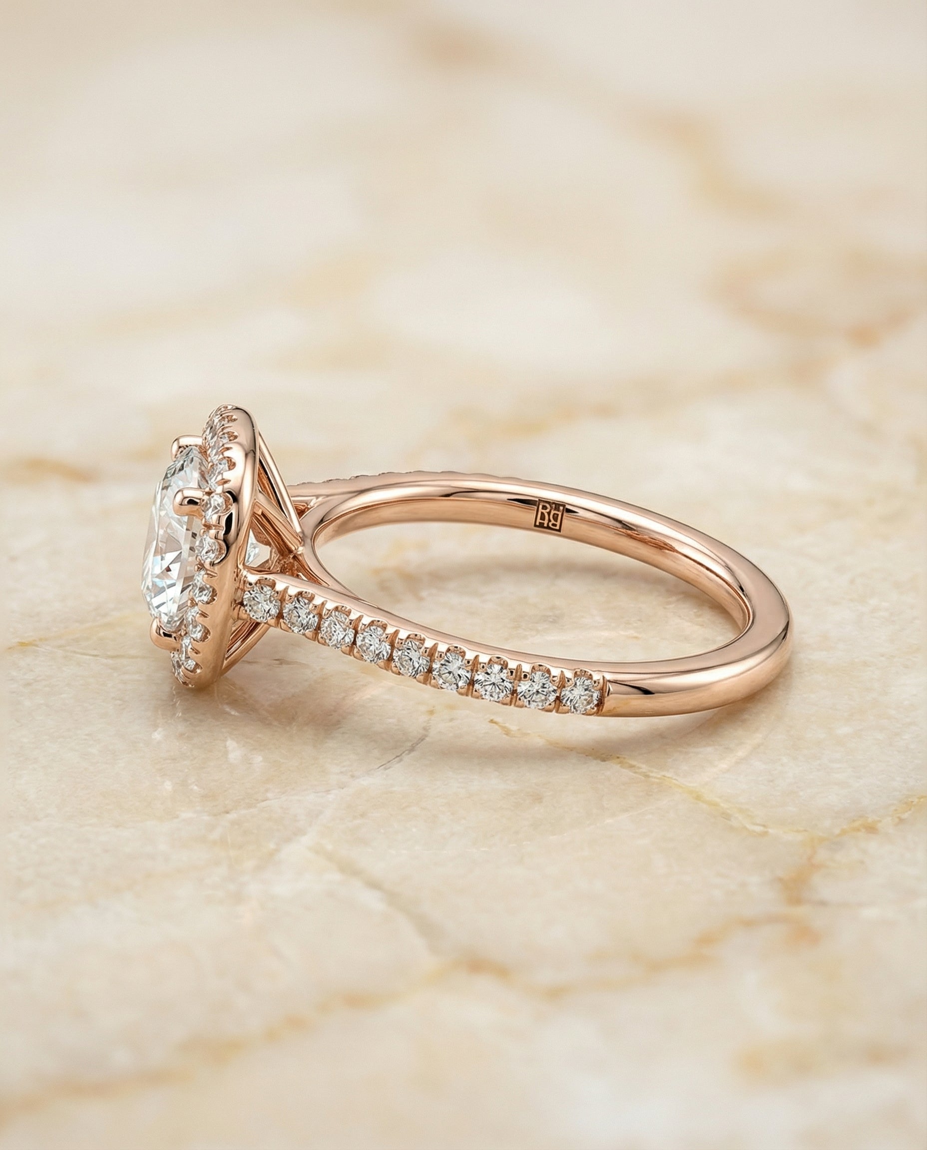 The Bianca classic prong halo engagement ring setting, shown in 14K Rose Gold | RockHer