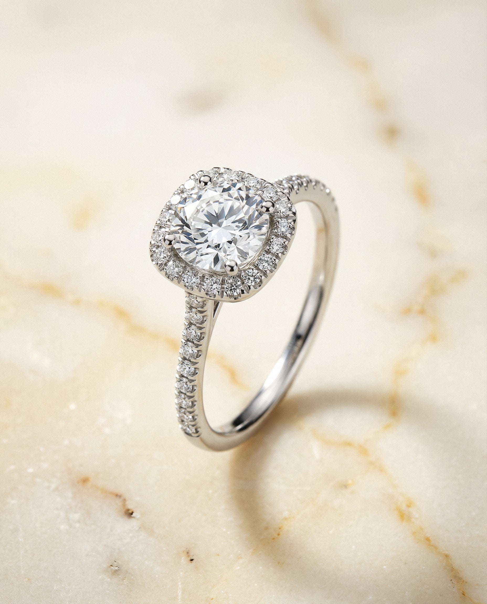 Bianca Select Classic Prong Halo Round Lab Diamond Engagement Ring in 18K White Gold, alternate angle | RockHer