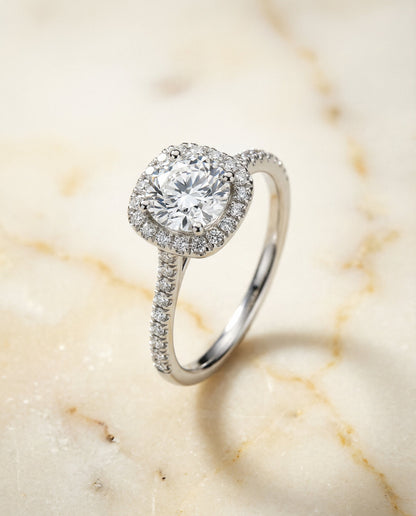 Bianca Select Pav Halo Round Lab Diamond Engagement Ring in 18K White Gold, alternate angle | RockHer