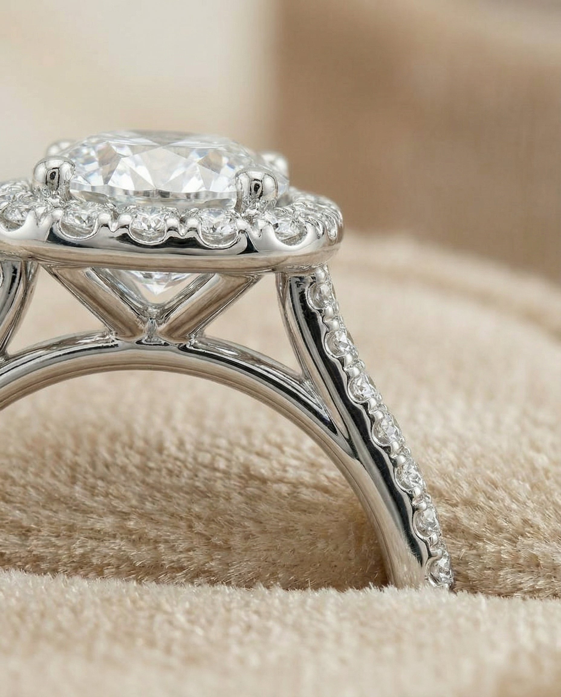 Bianca Select Pav Halo Round Lab Diamond Engagement Ring in 18K White Gold, detail view | RockHer