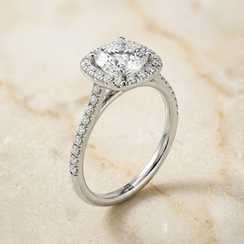 The Bianca Classic Prong Halo Round Engagement Ring Setting in 18K White Gold