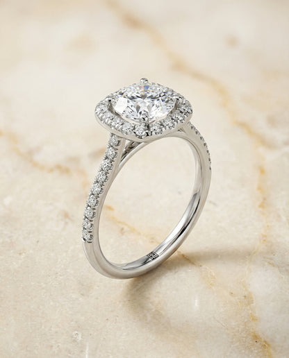 Round Brilliant, Classic Prong Halo, in Platinum, pave setting – front view | RockHer