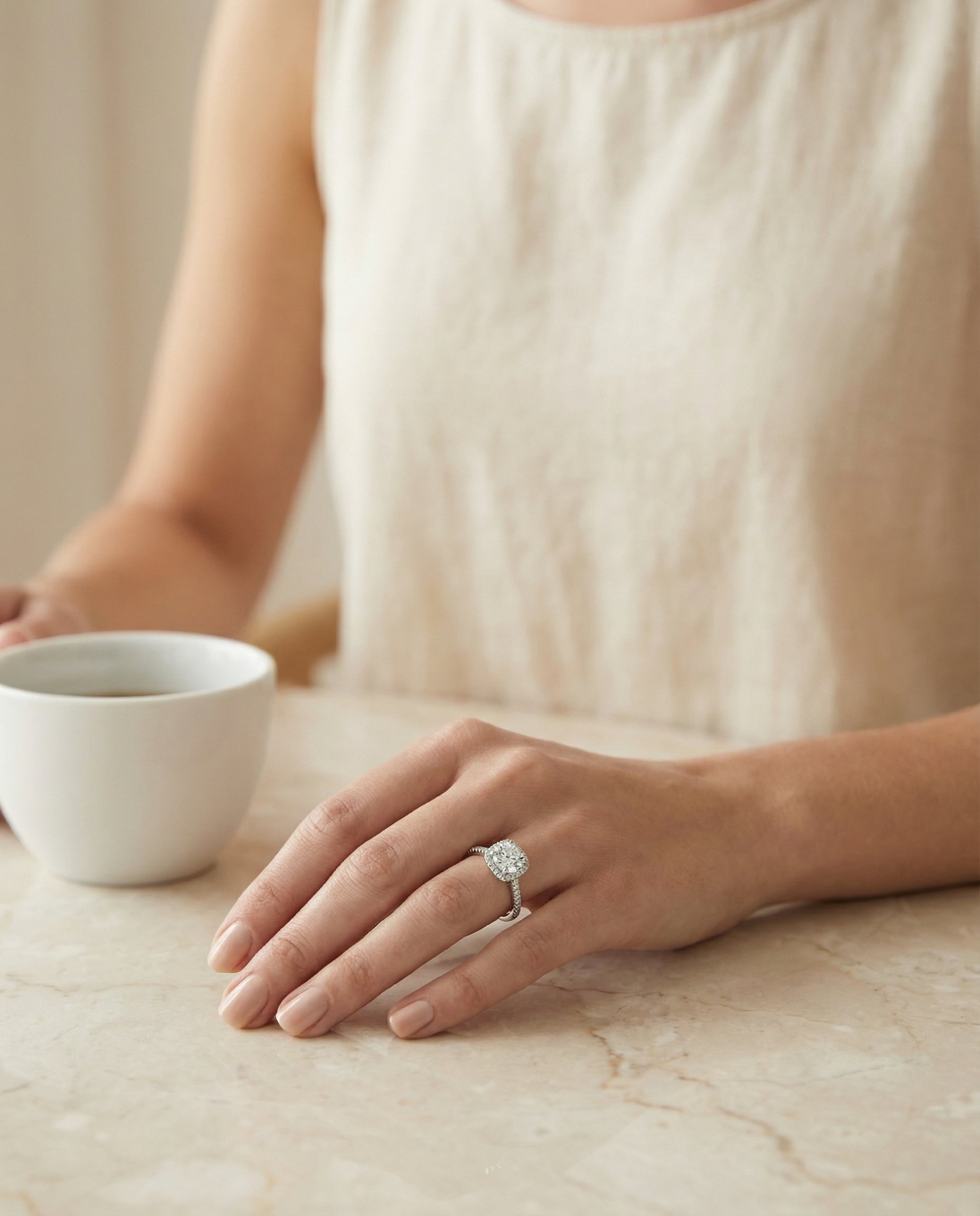 The Bianca round setting in Platinum, a classic prong halo design from RockHer
