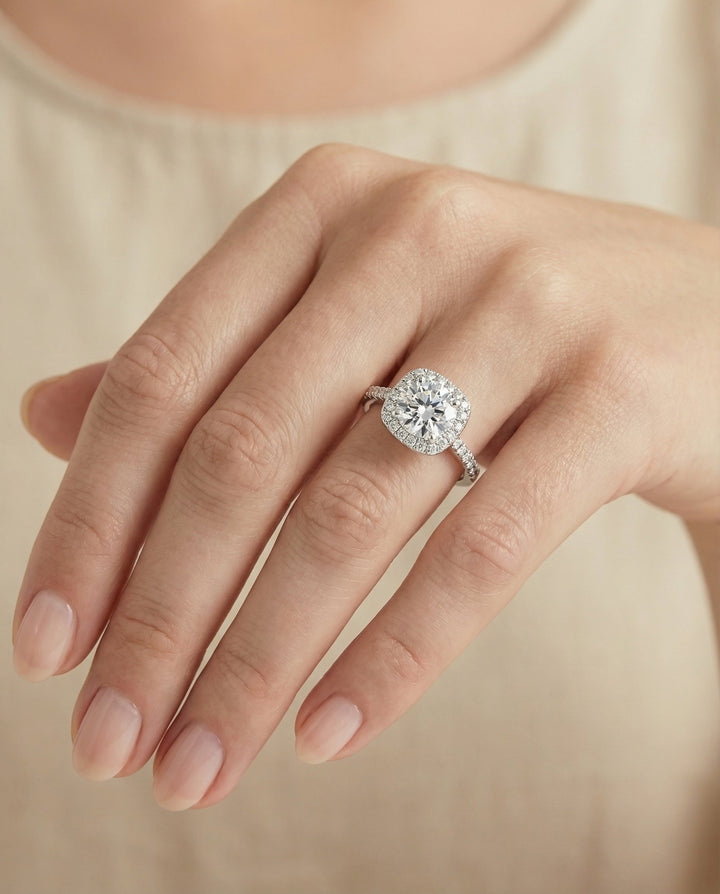 Bianca Select classic prong halo round ring in 14K White Gold — front — RockHer