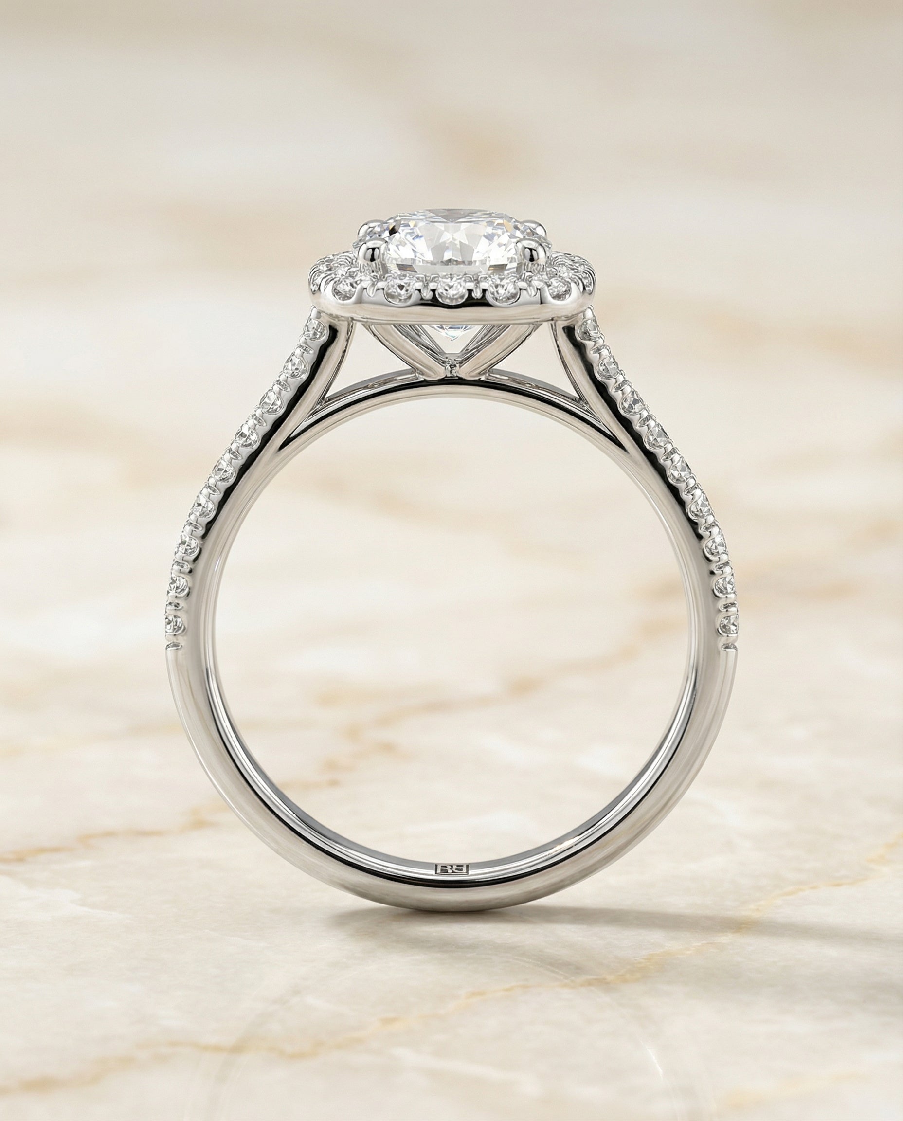 The Bianca engagement ring setting in Platinum, classic prong halo design | RockHer