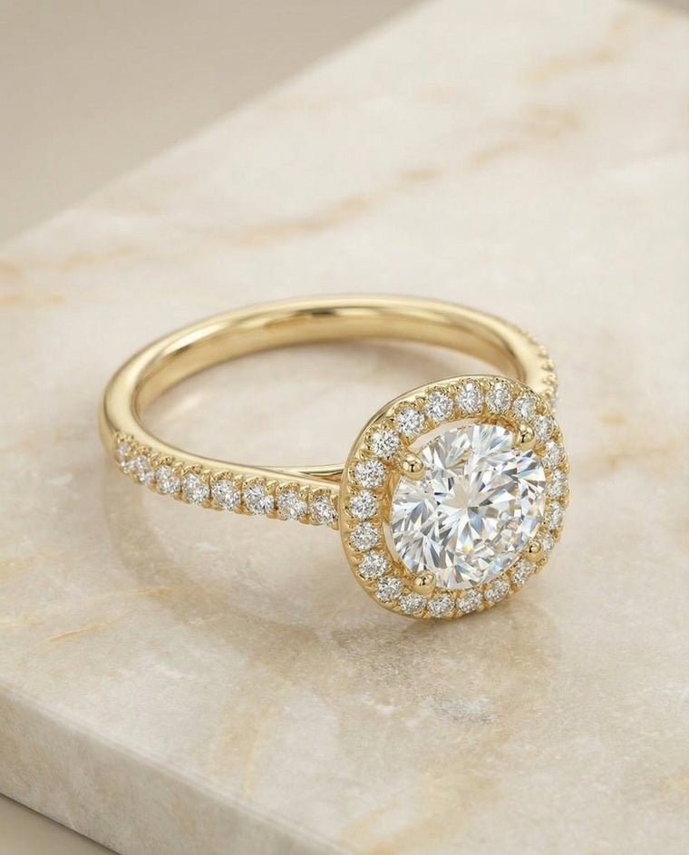The Bianca Select Pav Halo Round Lab Diamond Engagement Ring in 18K Yellow Gold