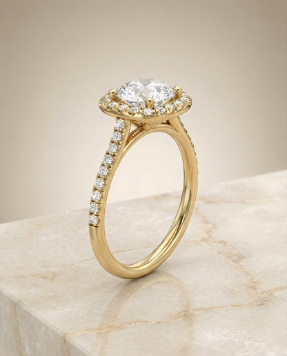 Round Brilliant, Classic Prong Halo, in 18K Yellow Gold, pave setting – front view | RockHer