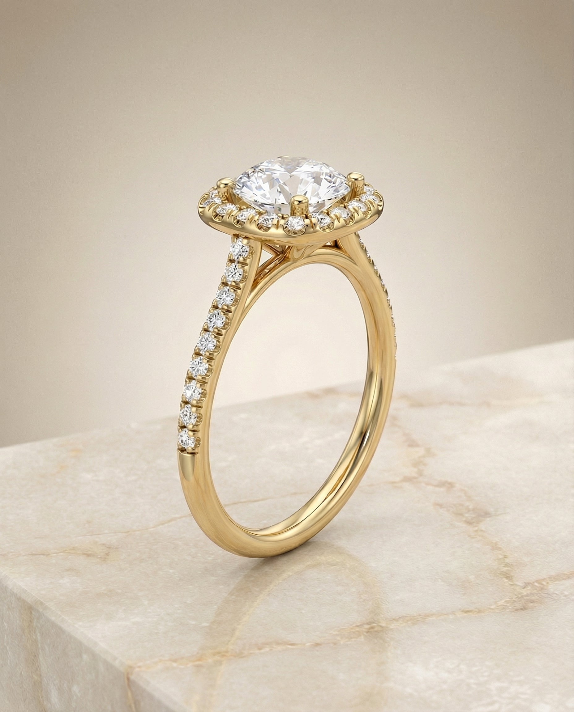 Bianca Select Pav Halo Round Lab Diamond Engagement Ring in 18K Yellow Gold, front view | RockHer