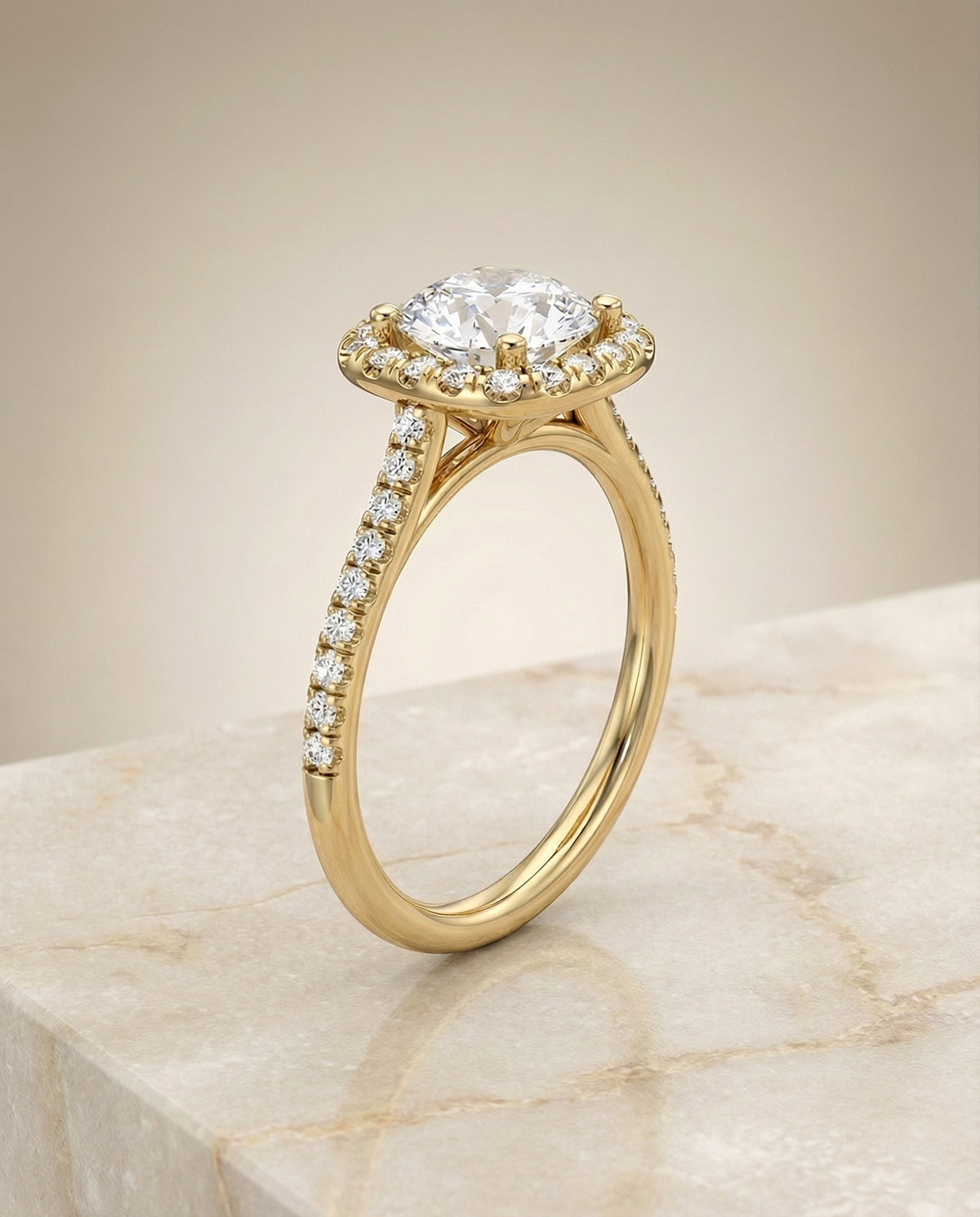Bianca Select Classic Prong Halo Round Lab Diamond Engagement Ring in 18K Yellow Gold, front view | RockHer