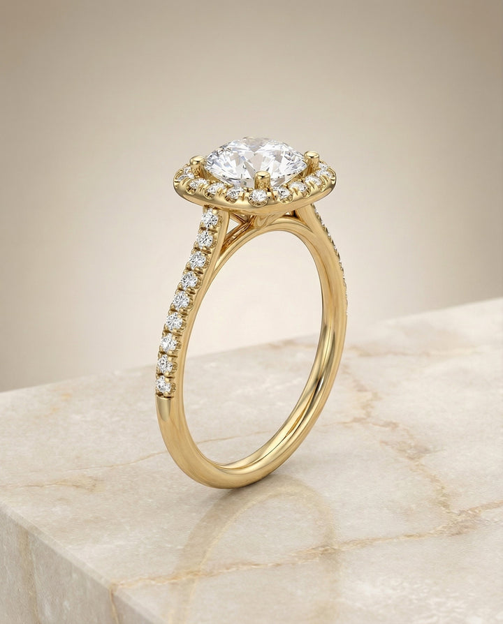 The Bianca Select Pavé Halo Solitaire Engagement Ring with Lab Diamond in 18K Yellow Gold — view 2