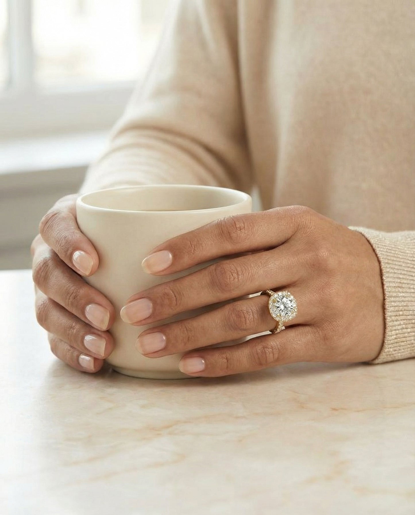 Round Brilliant, Classic Prong Halo, in 18K Yellow Gold, pave setting – lifestyle shot | RockHer