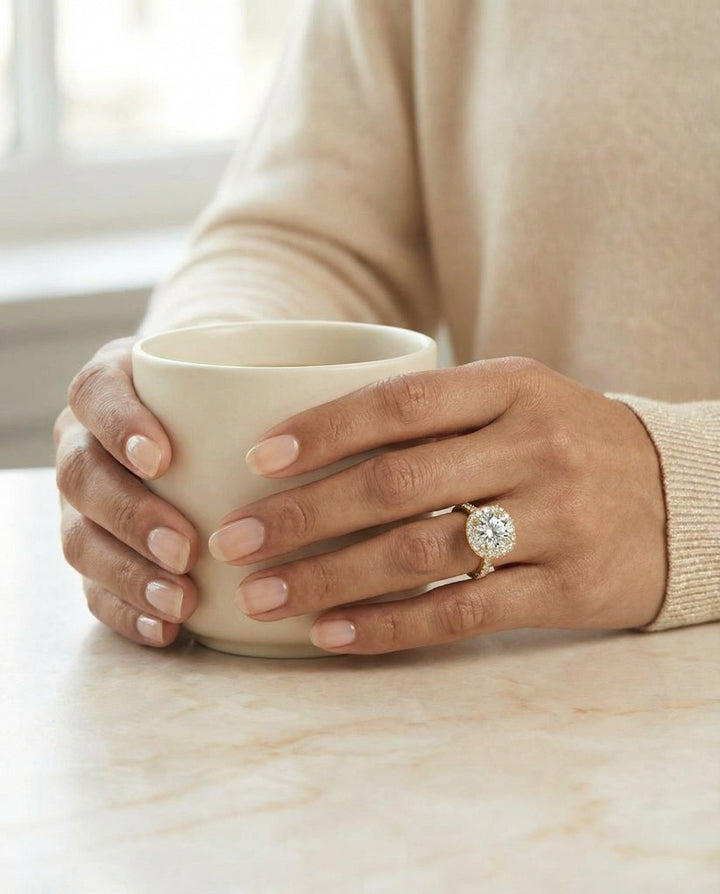 Bianca Select Classic Prong Halo Round Lab Diamond Engagement Ring in 18K Yellow Gold, lifestyle | RockHer
