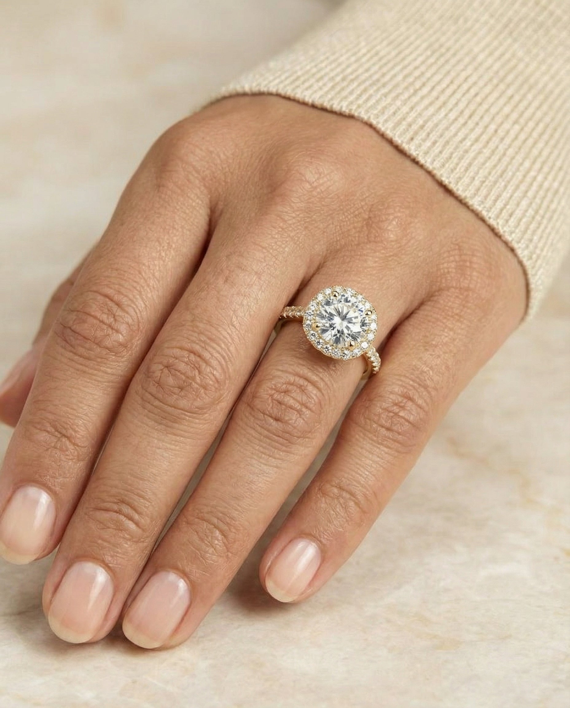 Bianca Select Pav Halo Round Lab Diamond Engagement Ring in 18K Yellow Gold, shown on hand, angled | RockHer