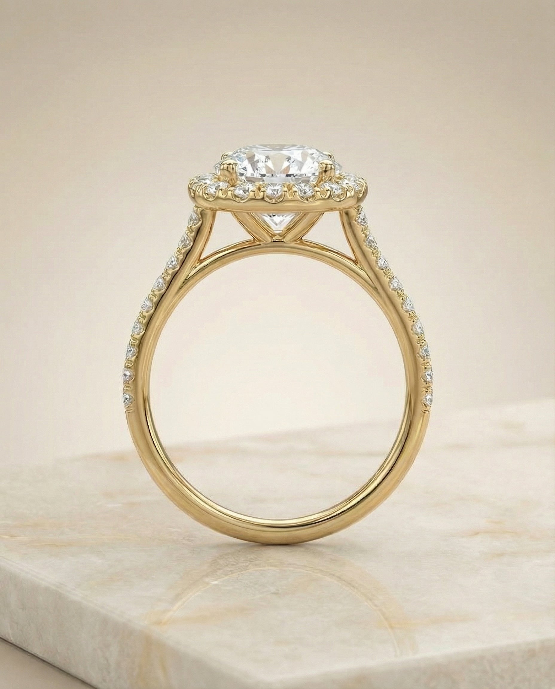 Bianca Select Pav Halo Round Lab Diamond Engagement Ring in 18K Yellow Gold, side view | RockHer