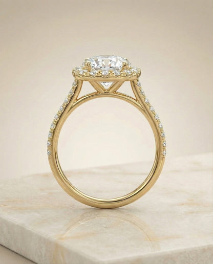 Bianca Select Pav Halo Round Lab Diamond Engagement Ring in 18K Yellow Gold, side view | RockHer
