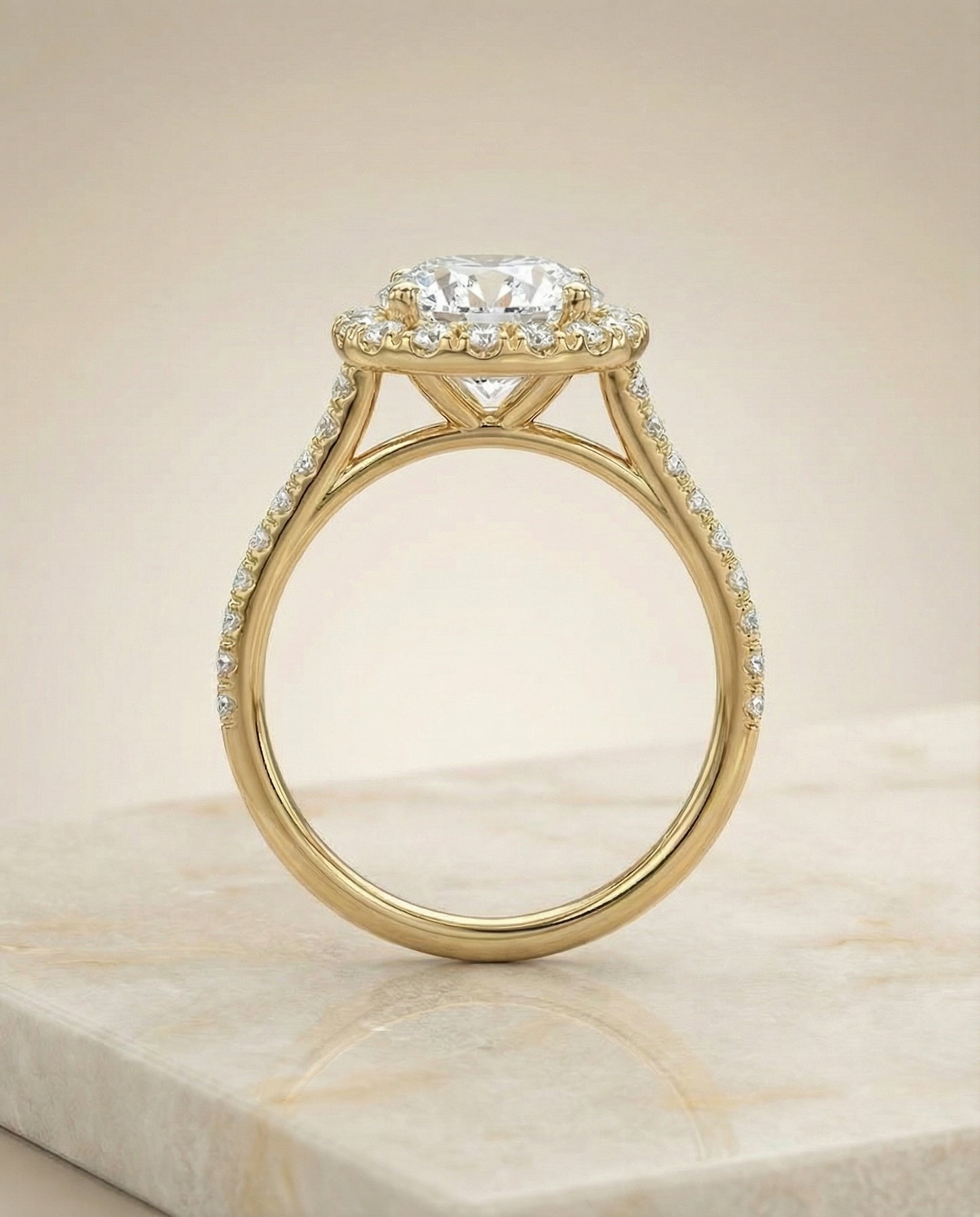 Round Brilliant, Classic Prong Halo, in 18K Yellow Gold, pave setting – side profile | RockHer