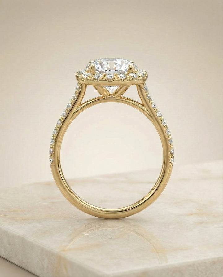 Round Brilliant, Classic Prong Halo, in 18K Yellow Gold, pave setting – side profile | RockHer
