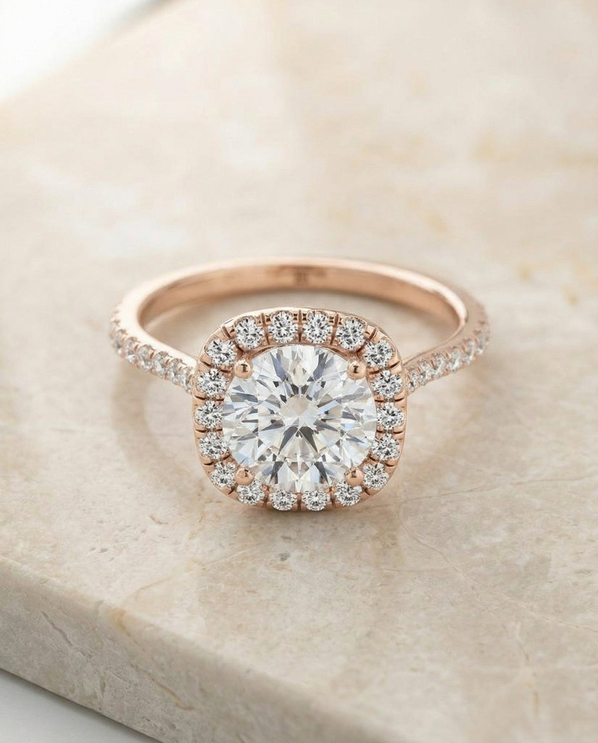 Everly Select Classic Shared Prong Halo Round Lab Diamond Engagement Ring in 14K Rose Gold, alternate angle | RockHer