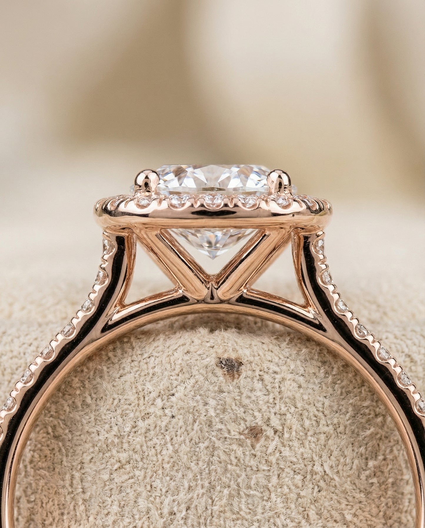 Round Brilliant, Classic Shared Prong Halo Round, in 14K Rose Gold, pave setting – detail view | RockHer