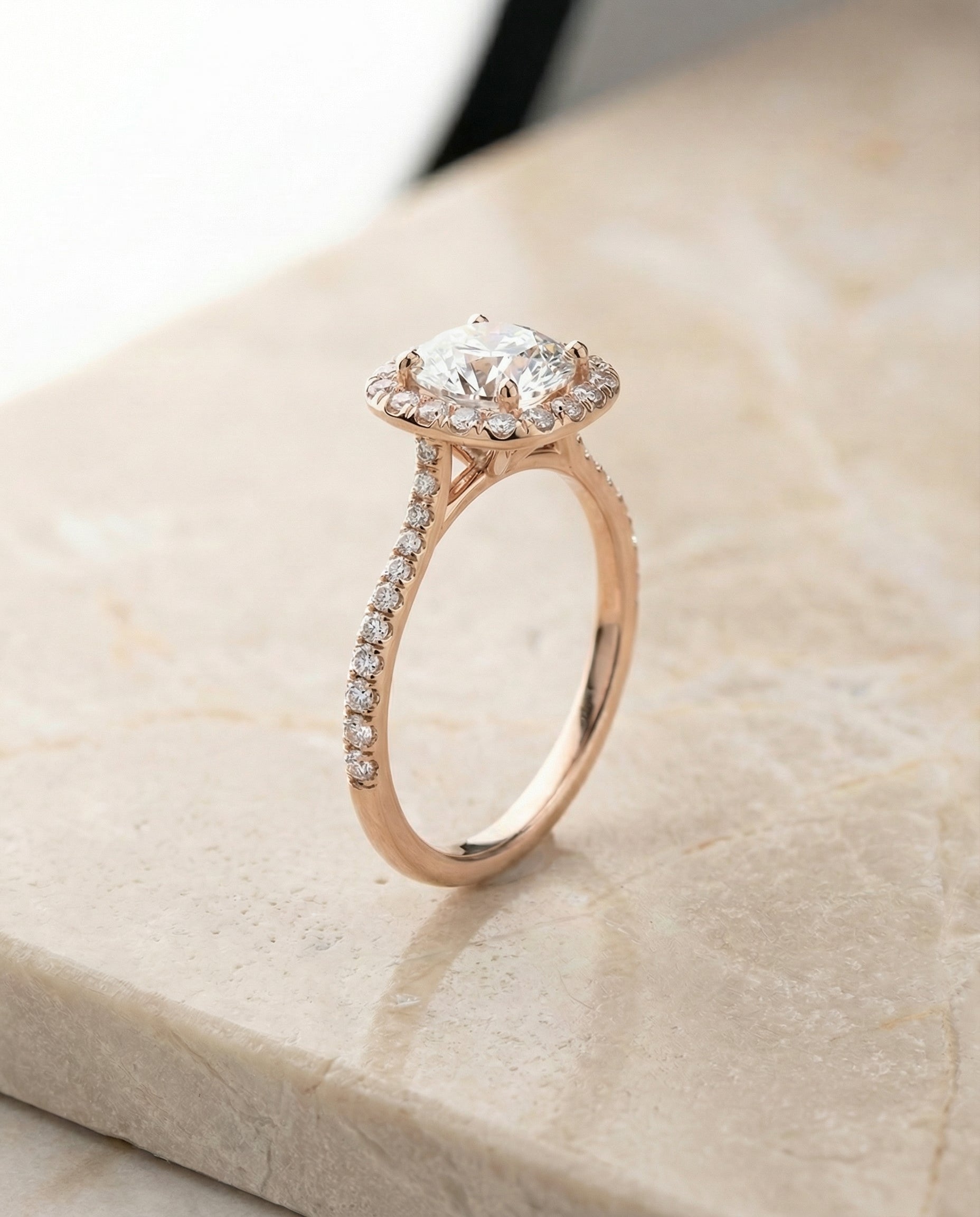 Classic Shared Prong Halo styling on The Everly round engagement ring setting | RockHer