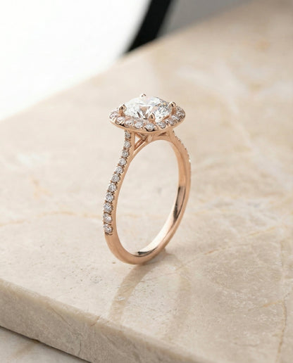 Everly Select Classic Shared Prong Halo Round Lab Diamond Engagement Ring in 14K Rose Gold, front view | RockHer
