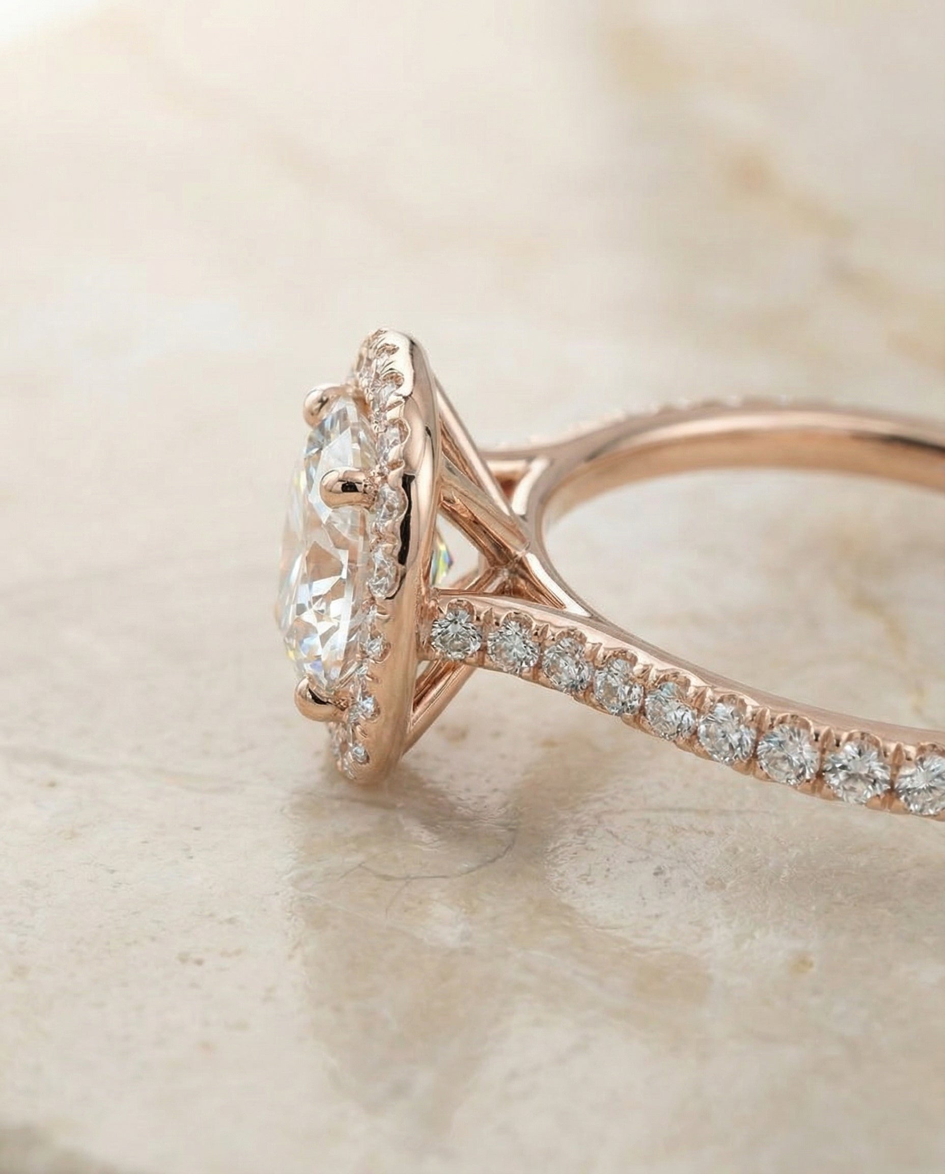 The Everly classic shared prong halo engagement ring setting, shown in 14K Rose Gold | RockHer