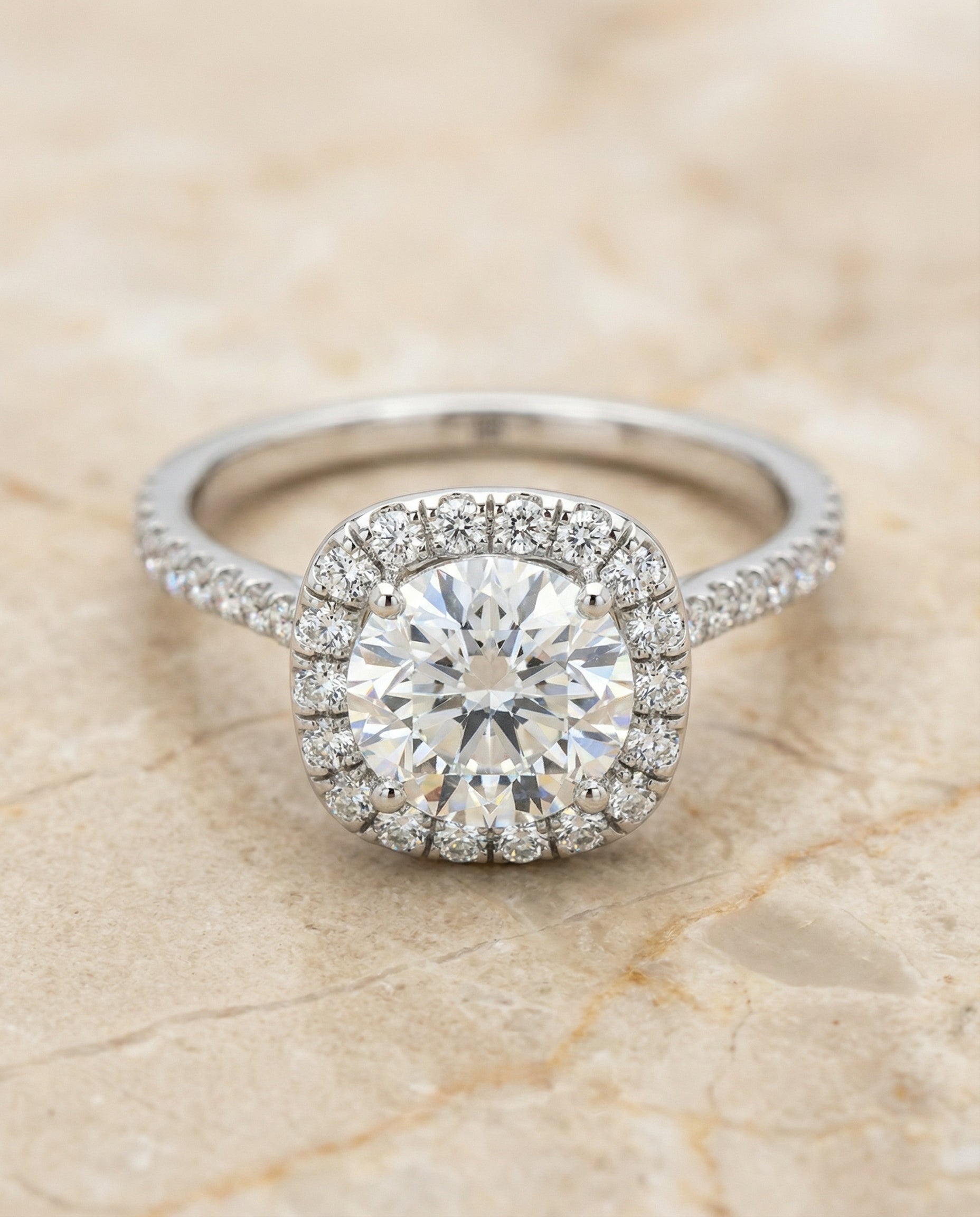 Everly Select Classic Shared Prong Halo Round Lab Diamond Engagement Ring in Platinum, alternate angle | RockHer