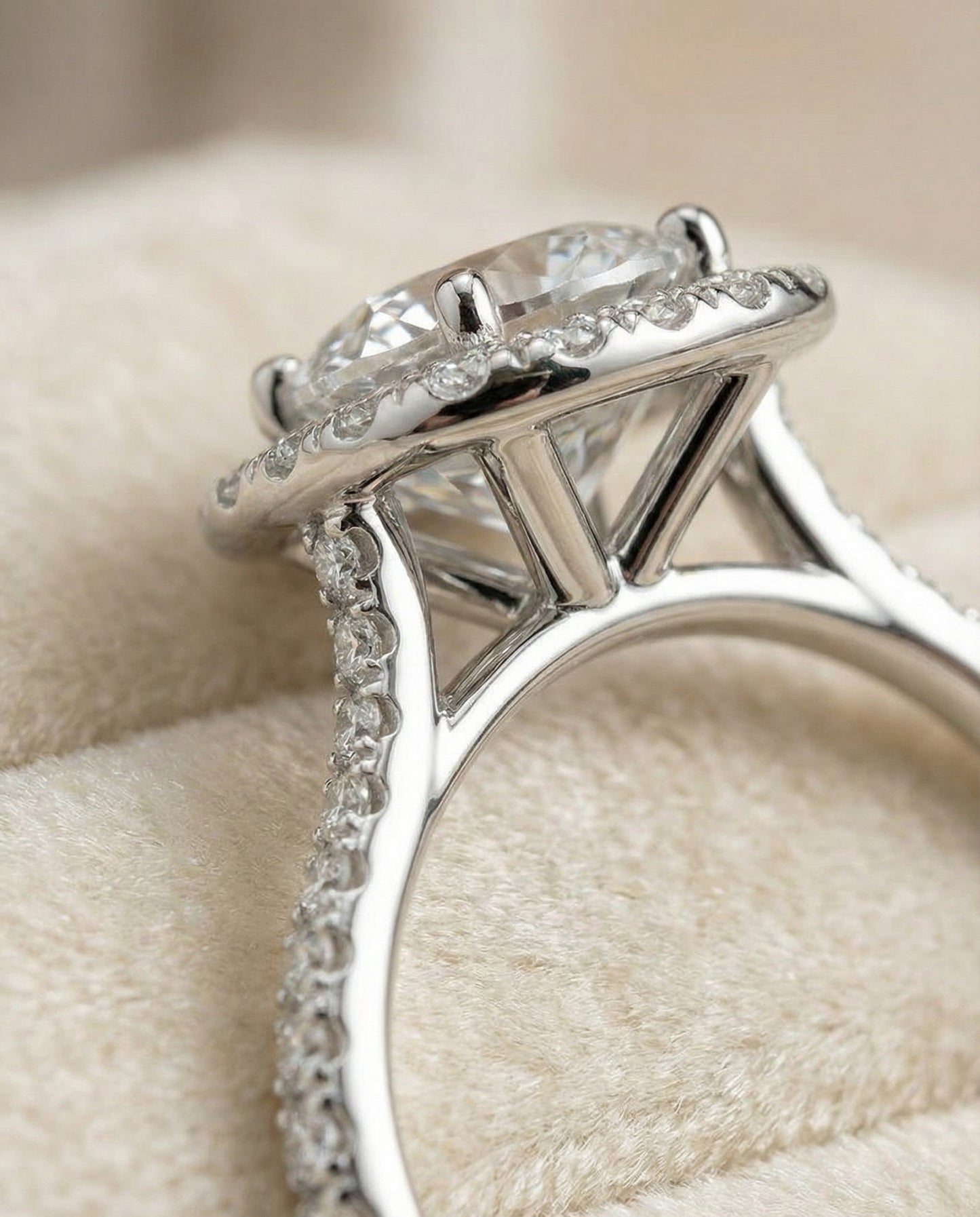 Round Brilliant, Classic Shared Prong Halo Round, in Platinum, pave setting – detail view | RockHer
