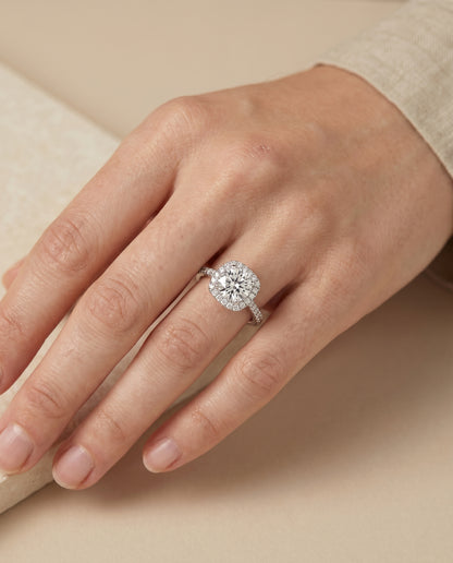Round Brilliant, Classic Shared Prong Halo Round, in Platinum, pave setting – lifestyle shot | RockHer