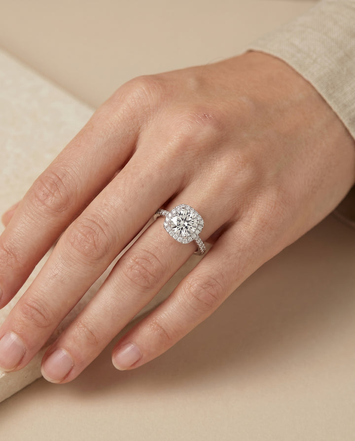 Round Brilliant, Classic Shared Prong Halo Round, in Platinum, pave setting – lifestyle shot | RockHer