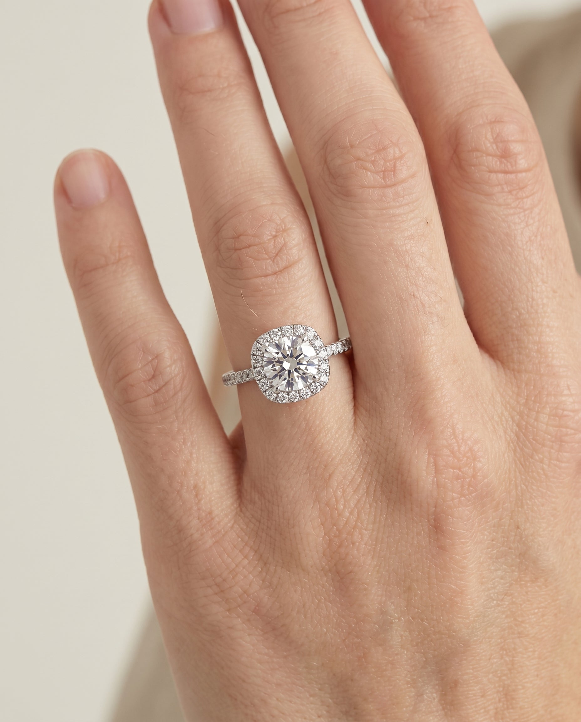 The Everly engagement ring setting in Platinum, classic shared prong halo design | RockHer