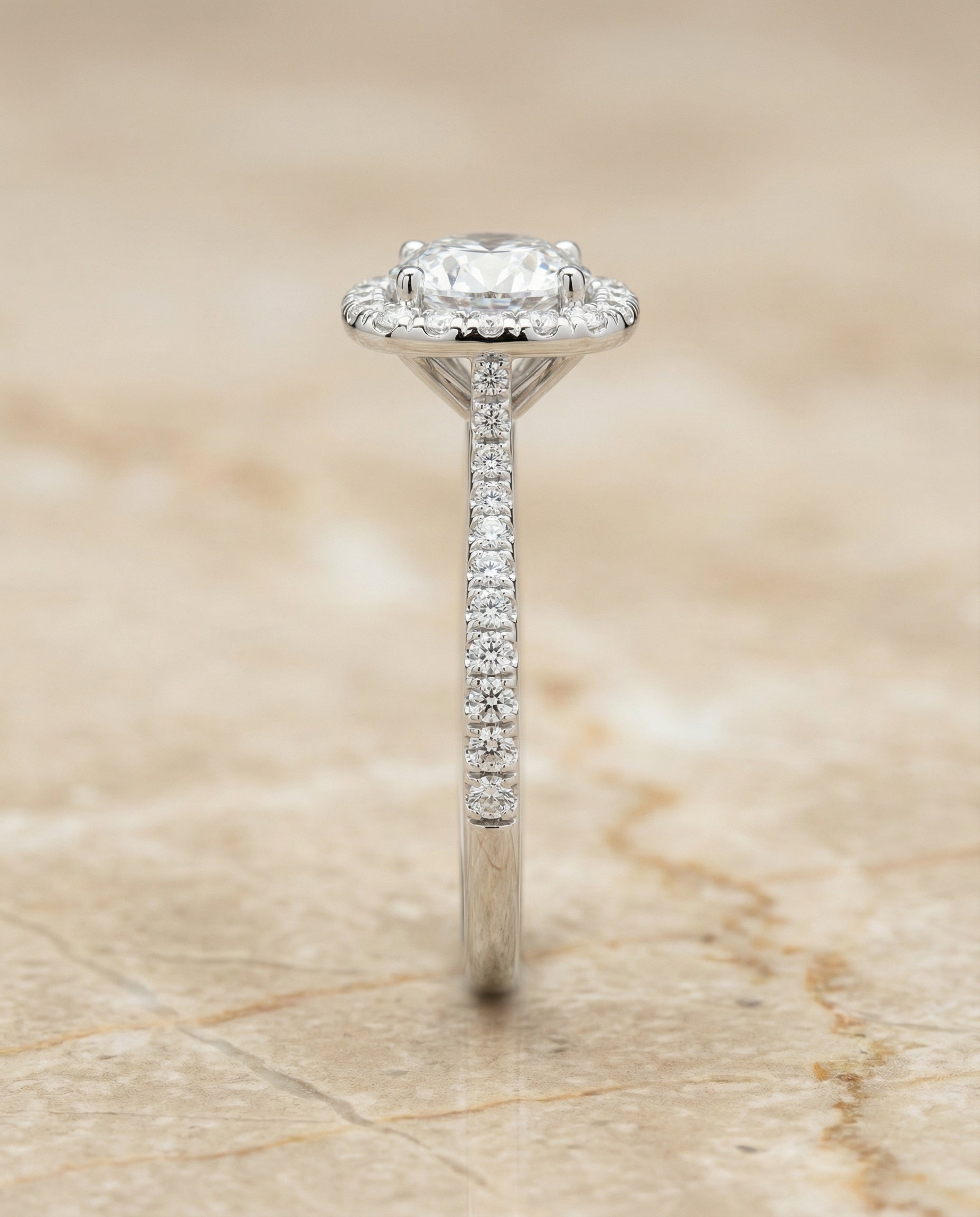 The Everly classic shared prong halo engagement ring setting, shown in Platinum | RockHer